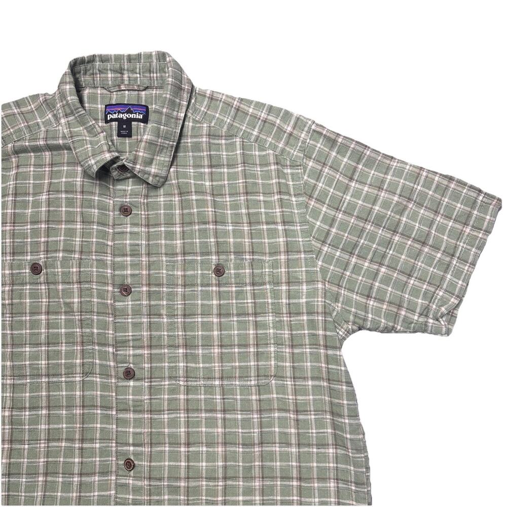 Patagonia Shirt Mens Med Green Plaid Button Down Short Sleeve Worn Wear Organic